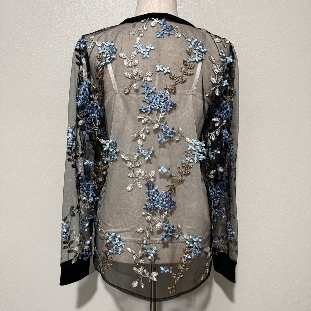 Elie‎ Tahari Val Floral Embroidered Mesh Top Womens Medium Boho Dark Romantic - Picture 2 of 6